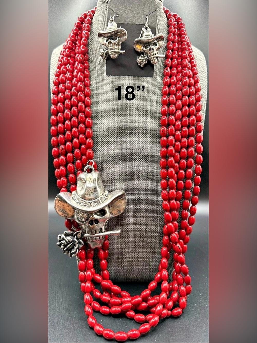 Skull Red Beaded Necklace Set